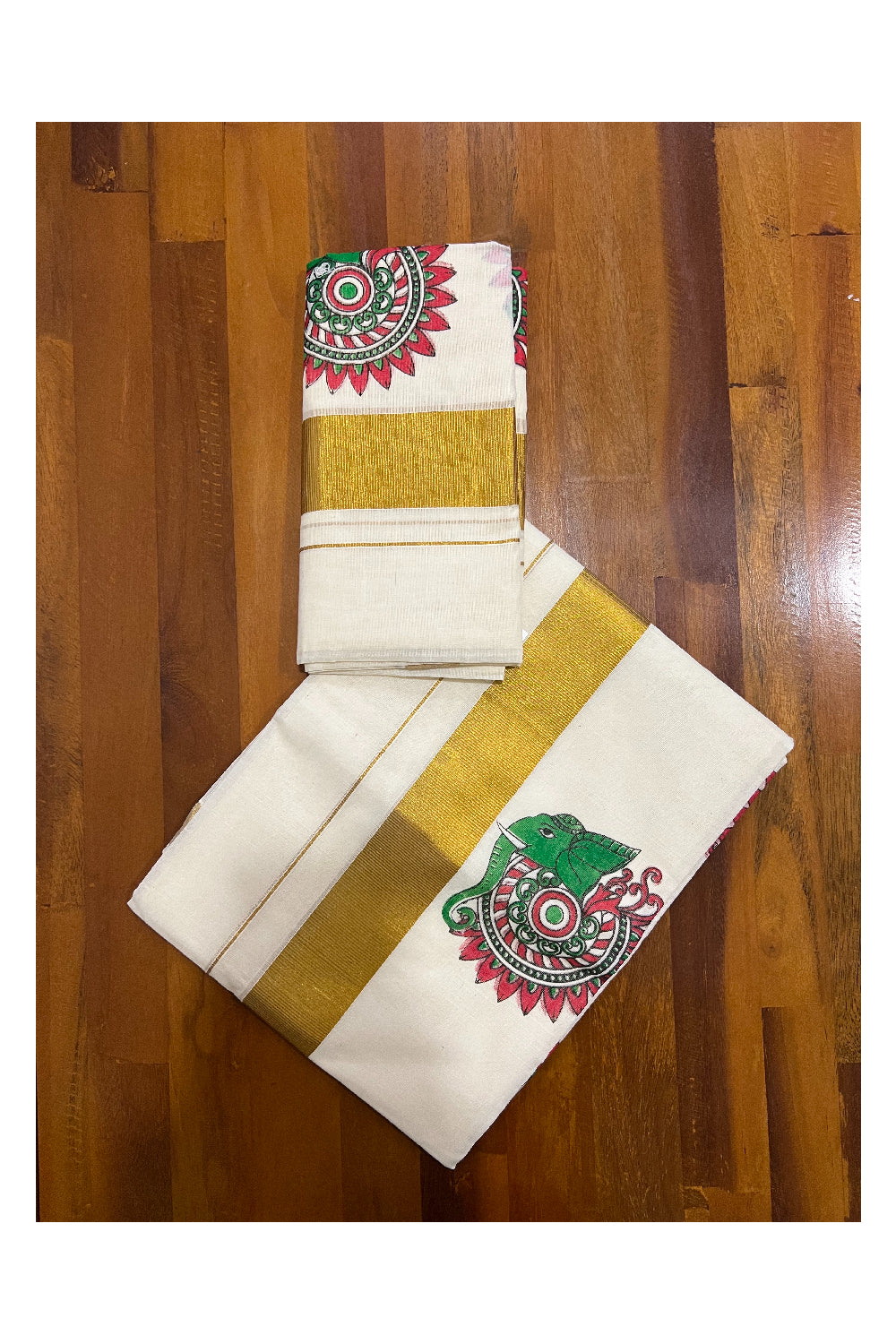 Pure Cotton Set Mundu (Mundum Neriyathum) with Elephant Mural Prints and 2 inch Kasavu Border