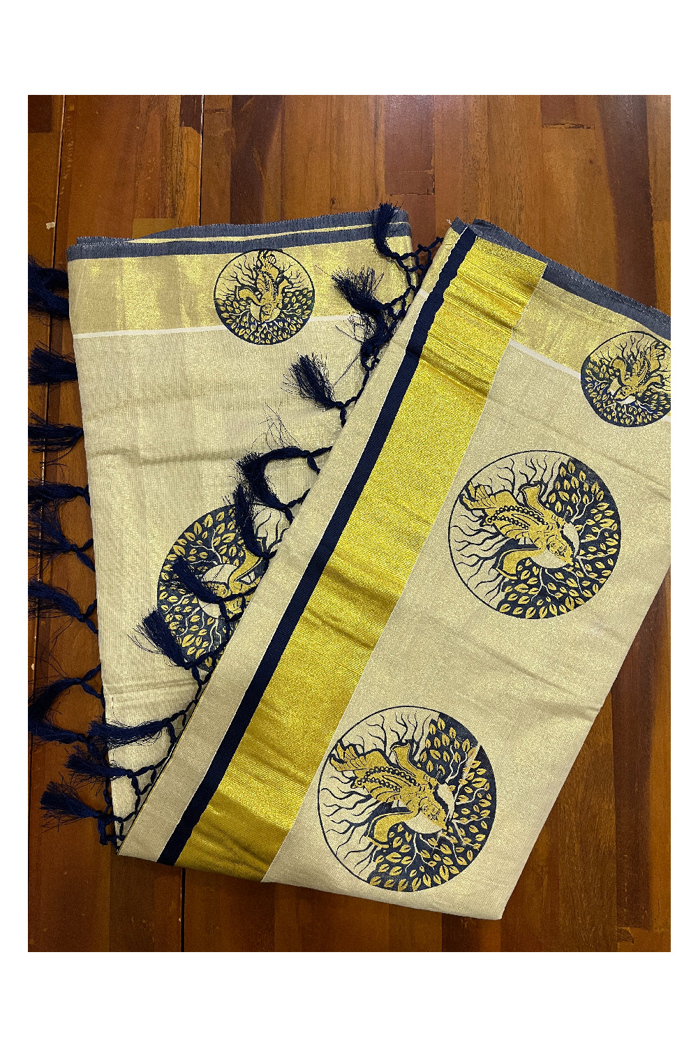 Kerala Tissue Kasavu Navy Blue Golden Krishna Block Printed Design Saree