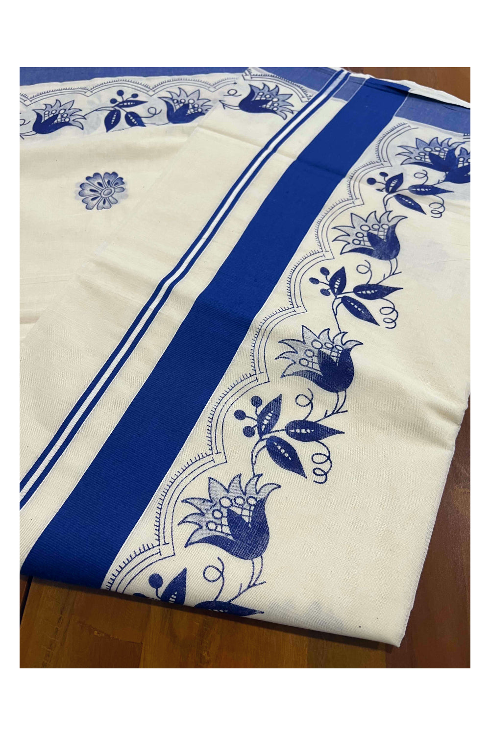 Pure Cotton Kerala Saree with Blue Floral Block Printed Border