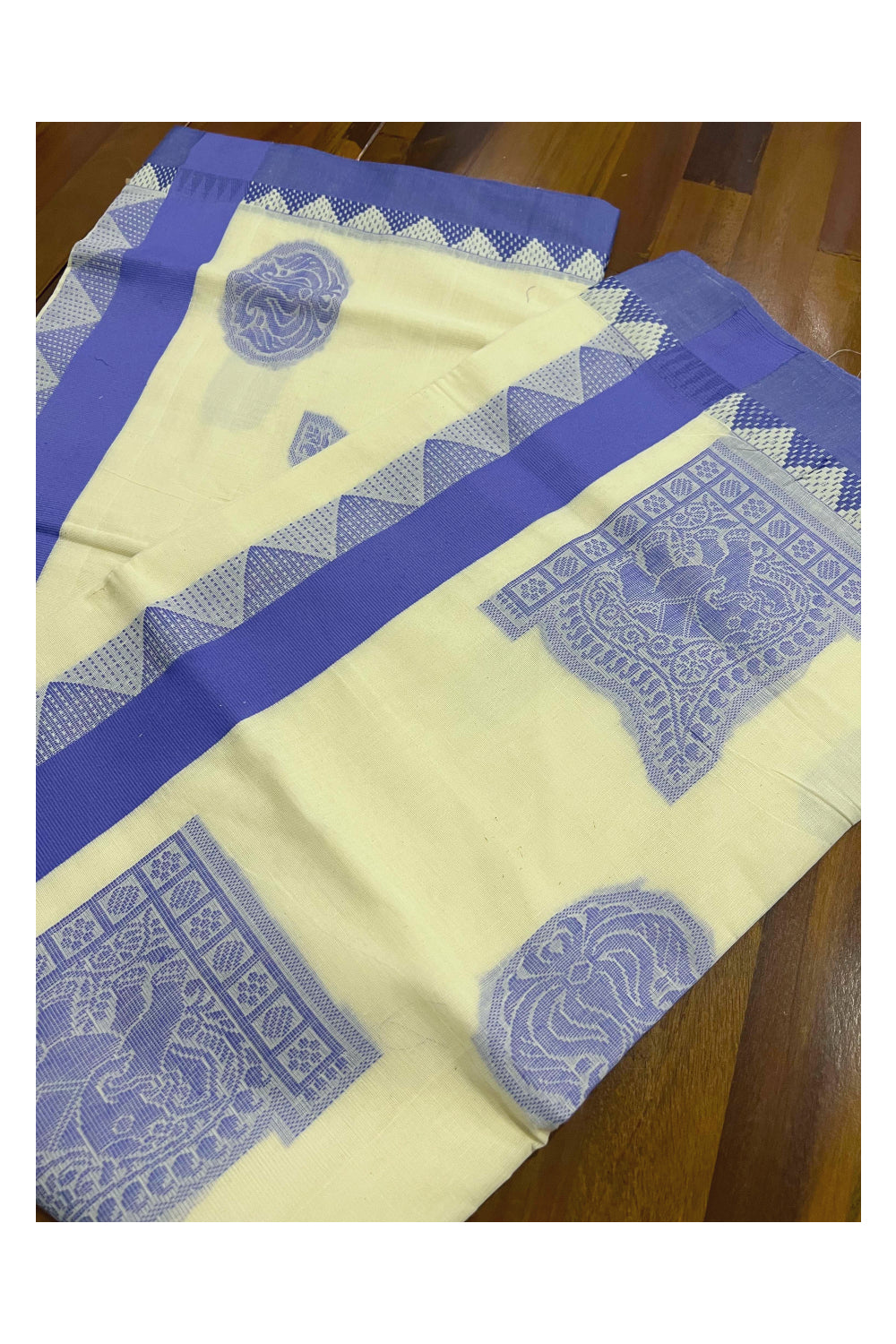 Pure Cotton Kerala Saree with Violet Elephant Art Embroidery Design