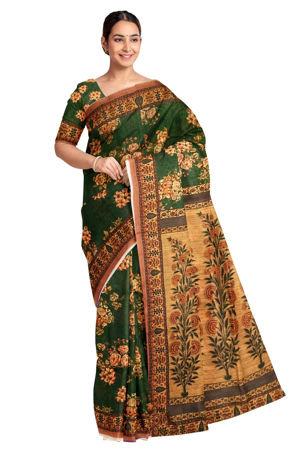 Southloom Semi Silk Dark Green and Brown Floral work Designer Saree