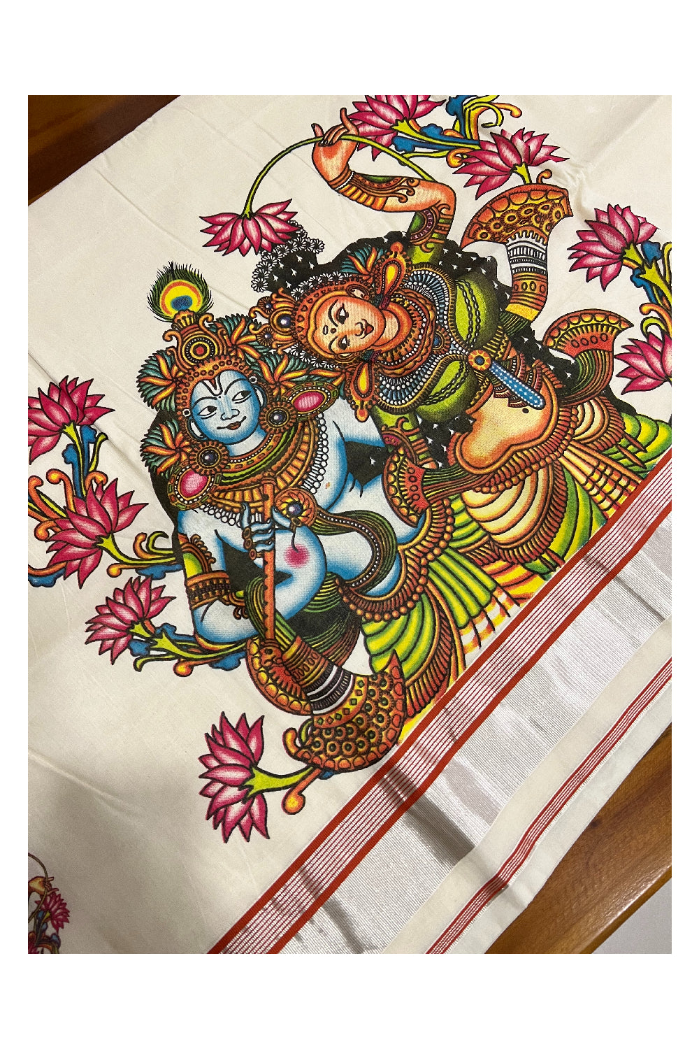 Kerala Pure Cotton Silver Kasavu Saree with Mural Krishna Radha Printed and Brick Red Border