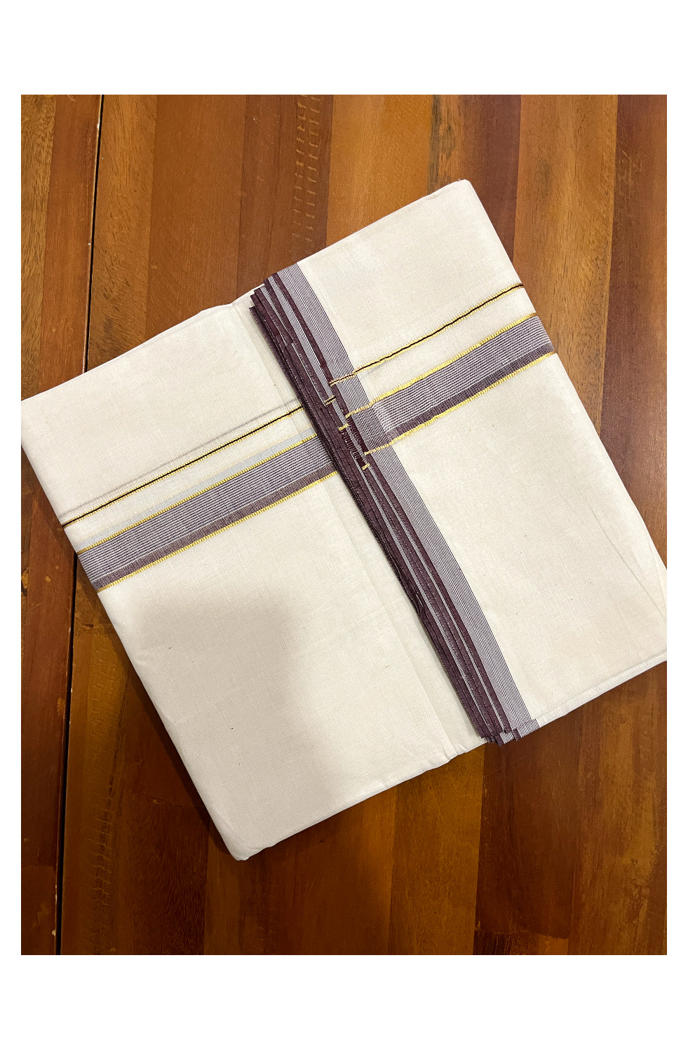 Pure Cotton Off White 100x100 Double Mundu with Kasavu and Brown Border (South Indian Dhoti)