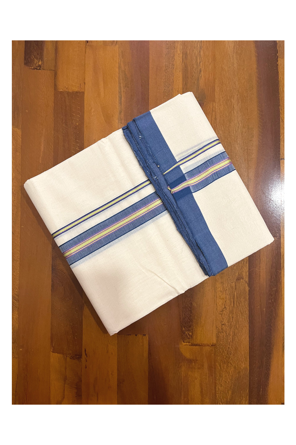 Southloom Premium Handloom Double Mundu with Blue and Kasavu Border