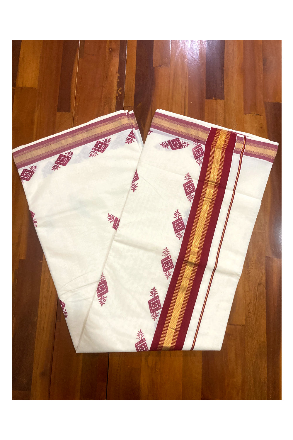 Pure Cotton Kerala Saree with Maroon Block Printed Design and Kasavu Border