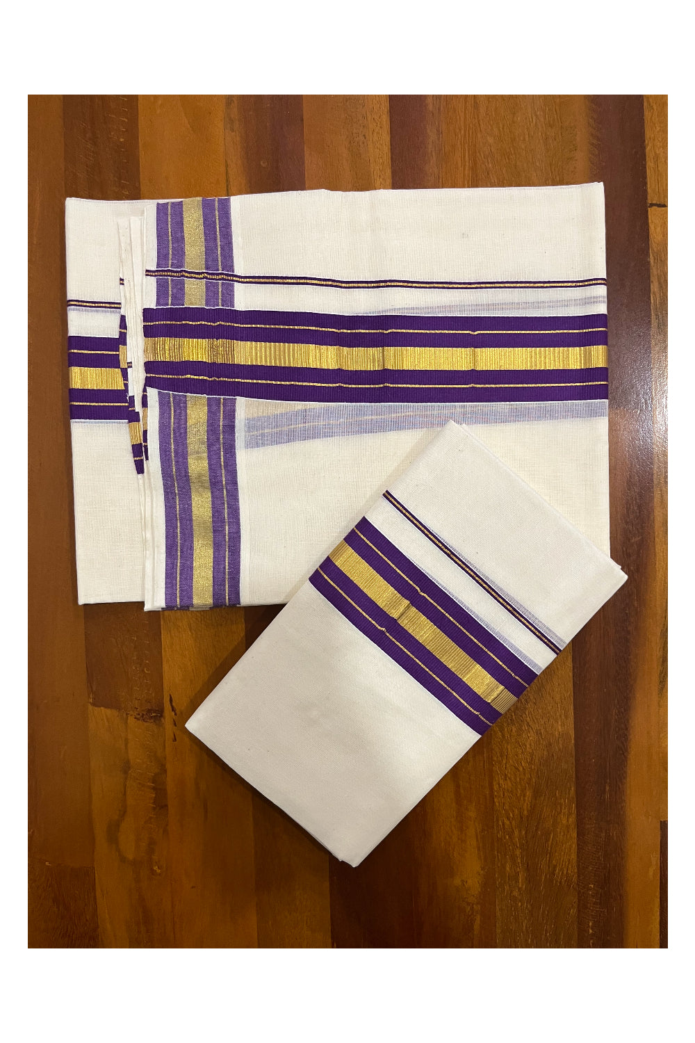 Pure Cotton Kerala Single Set Mundu (Mundum Neriyathum) with Violet and Kasavu Border 2.80 Mtrs