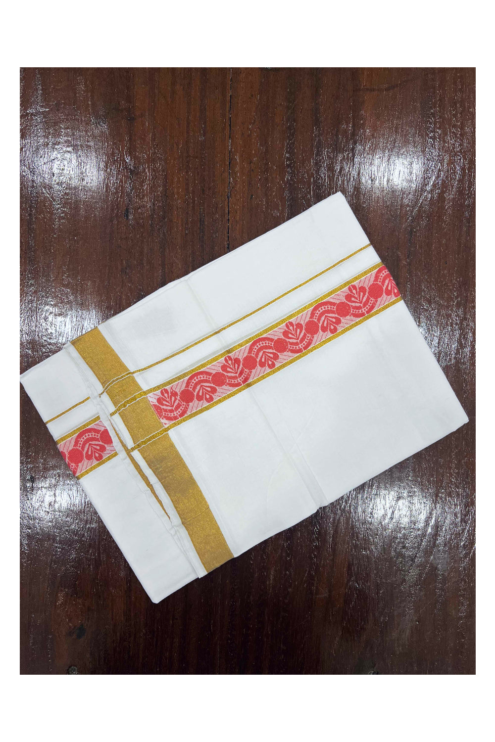 Pure White Cotton Double Mundu with Kasavu and Orangish Red Woven Design Border (South Indian Dhoti)