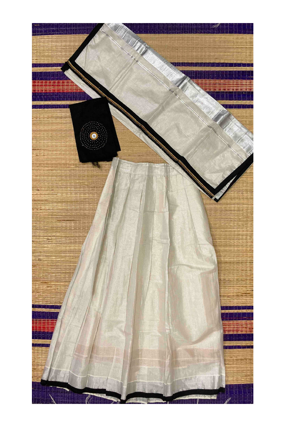 Kerala Silver Tissue Semi Stitched Dhavani Set with Blouse Piece and Neriyathu with Black Border Bead Works