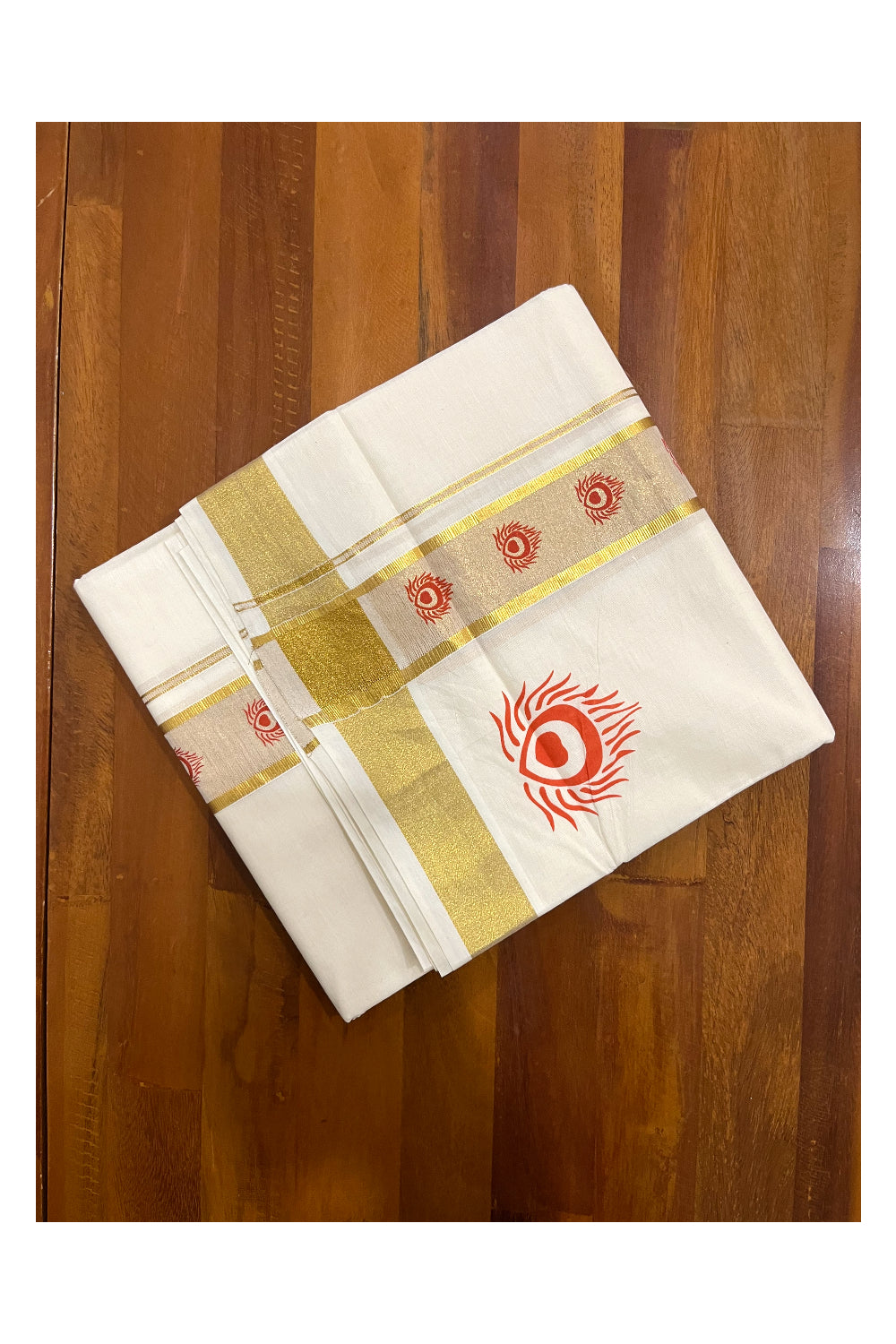 Pure Cotton Off White Double Mundu with Orange Block Prints on Kasavu Kara (South Indian Dhoti)