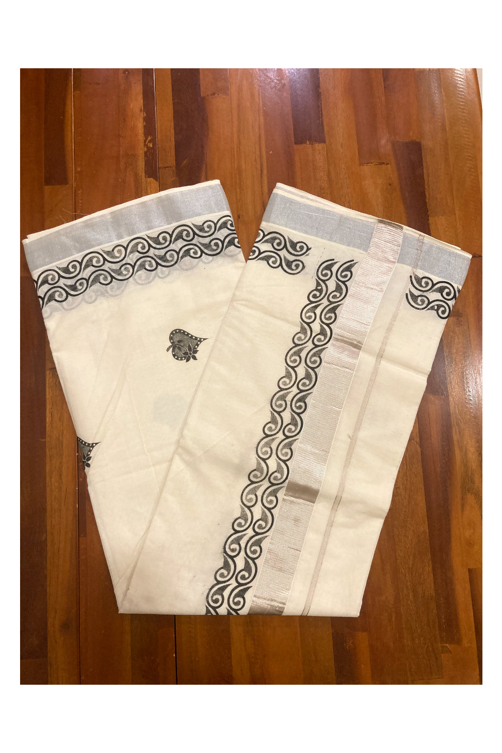 Pure Cotton Kerala Saree with Black Block Prints and Silver Kasavu Border