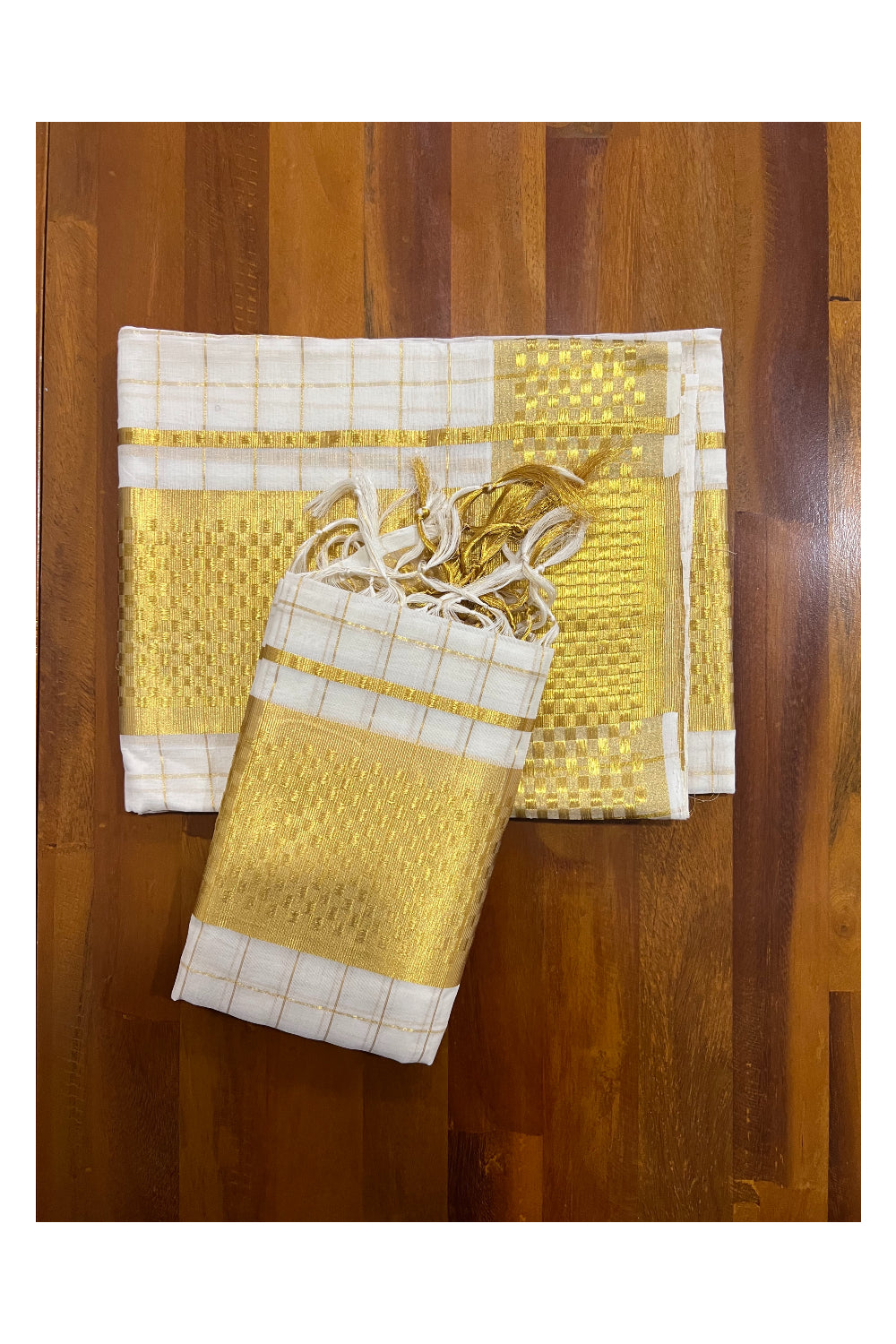 Southloom Handloom Premium Set Mundu with Woven Check Body and Paa Neythu Border 2.80 Mtrs