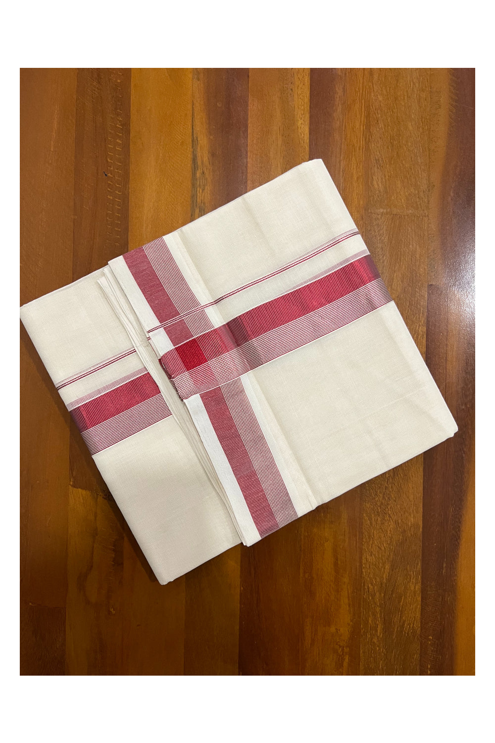 Southloom Kuthampully Handloom Pure Cotton Mundu with Silver and Dark Red Kasavu Border (South Indian Dhoti)