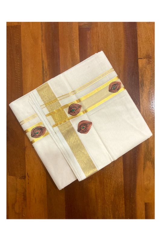 Off White Pure Cotton Double Mundu with Mural Prints on Kasavu Kara (South Indian Dhoti)