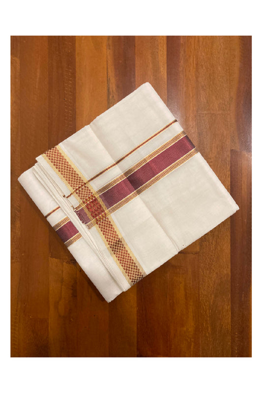 Southloom Premium Handloom Pure Cotton Mundu with Golden and Maroon Kasavu Design Border (South Indian Dhoti)