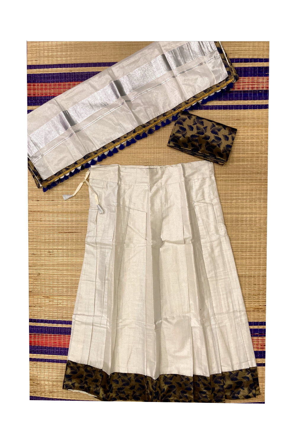 Kerala Silver Tissue Semi Stitched Dhavani Set with Navy Blue Designer Blouse Piece