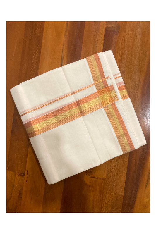 Southloom Balaramapuram Handloom Pure Cotton Mundu with Golden and Orange Kasavu Border (South Indian Dhoti)