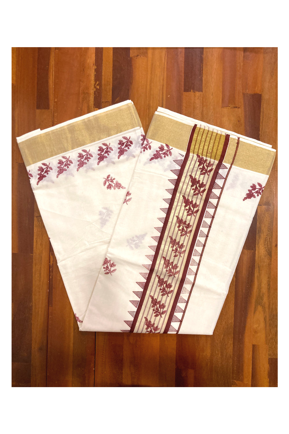 Pure Cotton Kerala Kasavu Saree with Maroon Block Printed Design