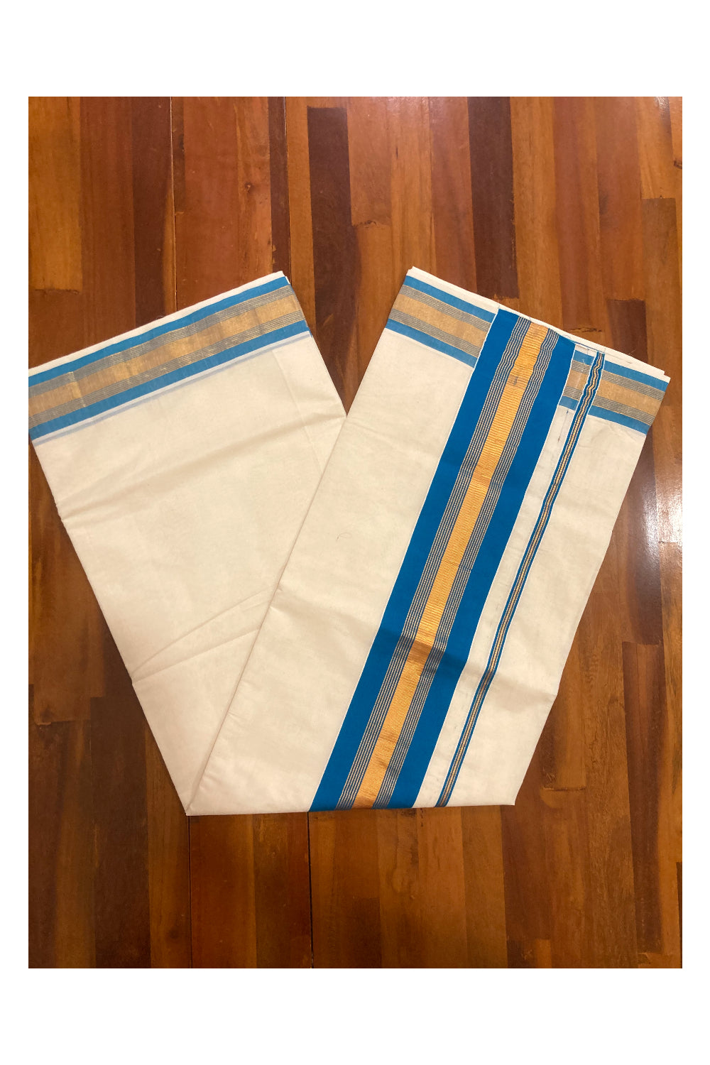 Kerala Pure Cotton Plain Saree with Kasavu and Blue Border