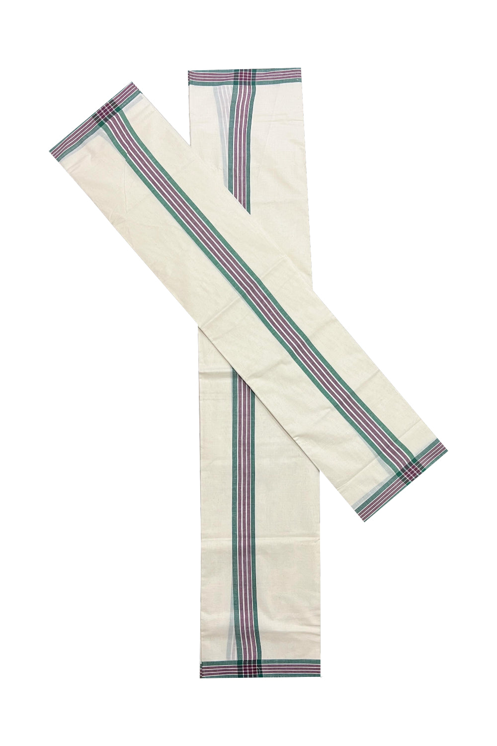 Kerala Cotton Mundum Neriyathum Single (Set Mundu) with Green and Purple Mulloth Border (Extra Soft Cotton)