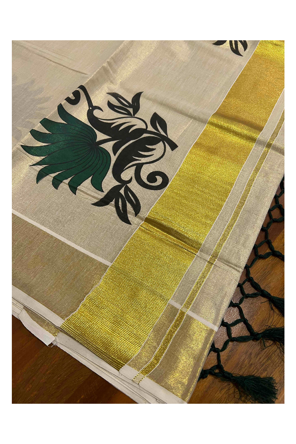 Kerala Tissue Kasavu Saree with Dark Green Floral Mural Prints on Border