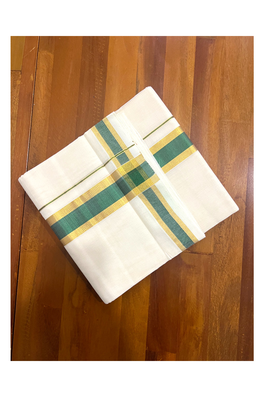 Southloom Premium Handloom Pure Cotton Mundu with Golden and Green Kasavu Border (South Indian Dhoti)