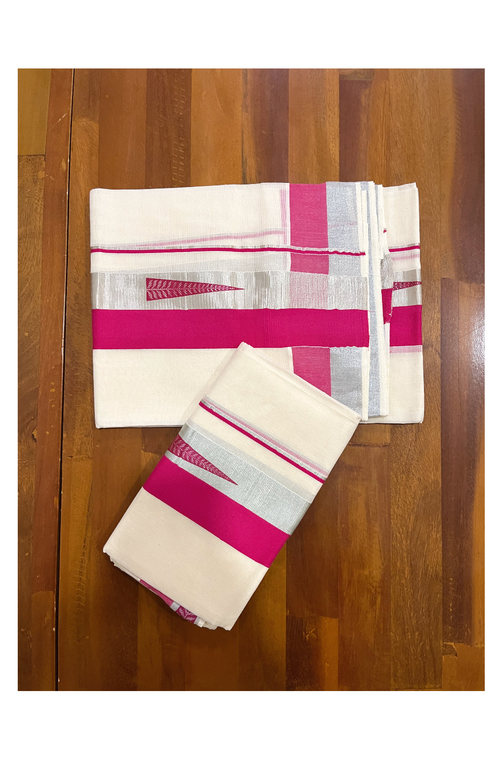 Pure Cotton SIlver Kasavu Single Set Mundu (Mundum Neriyathum Onam 2023) with Magenta Block Prints 2.80 Mtrs