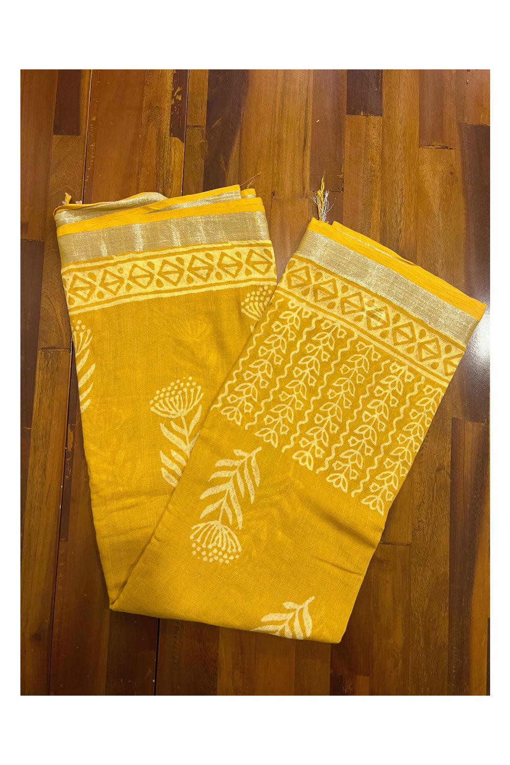 Southloom Linen Yellow Designer Saree with White Prints and Tassels on Pallu