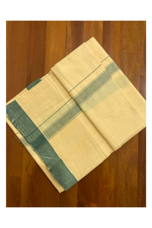 Southloom Premium Handloom Yellow Solid Single Mundu (Lungi) with Green Border