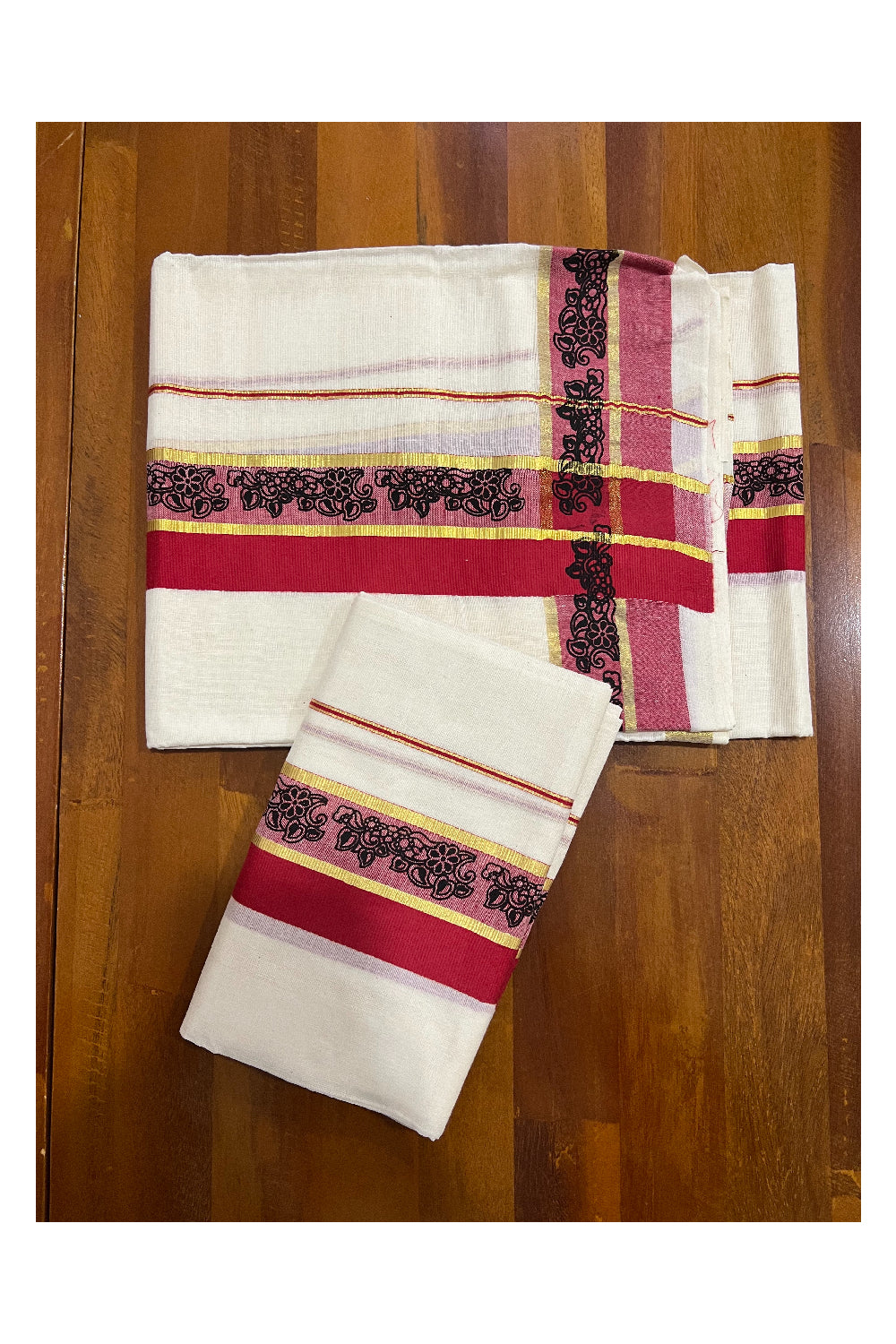 Southloom Onam 2022 Kasavu and Maroon Kara Set Mundu with Hand Block Print