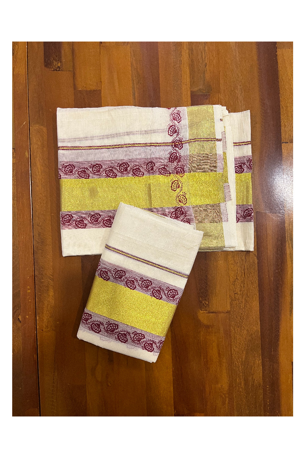 Pure Cotton Kasavu Set Mundu (Mundum Neriyathum) with Dark Red Floral Block Prints on Border