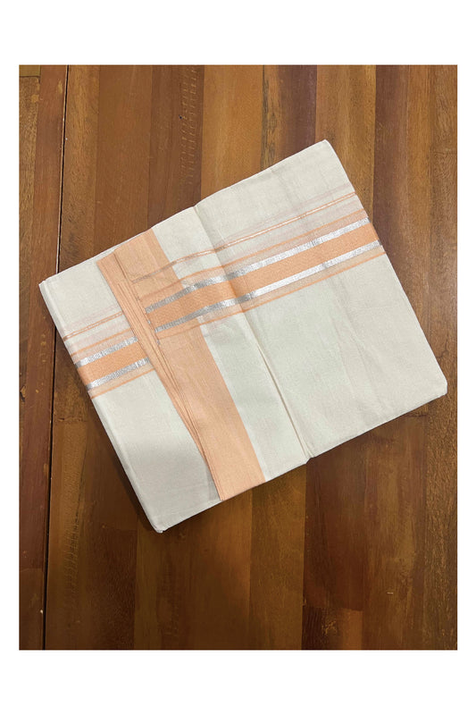 Off White Kerala Double Mundu with Silver Kasavu and Orange Border (South Indian Dhoti)