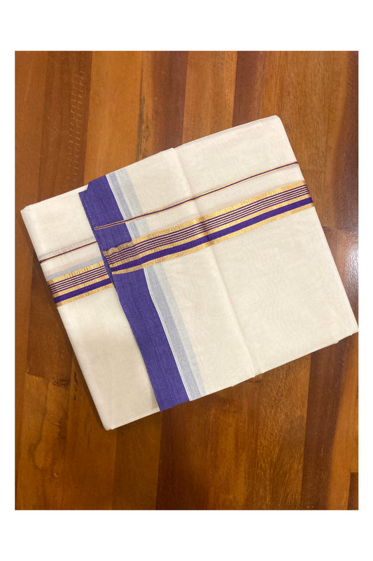 Pure Cotton Off White Double Mundu with Violet and Kasavu Border (South Indian Dhoti)