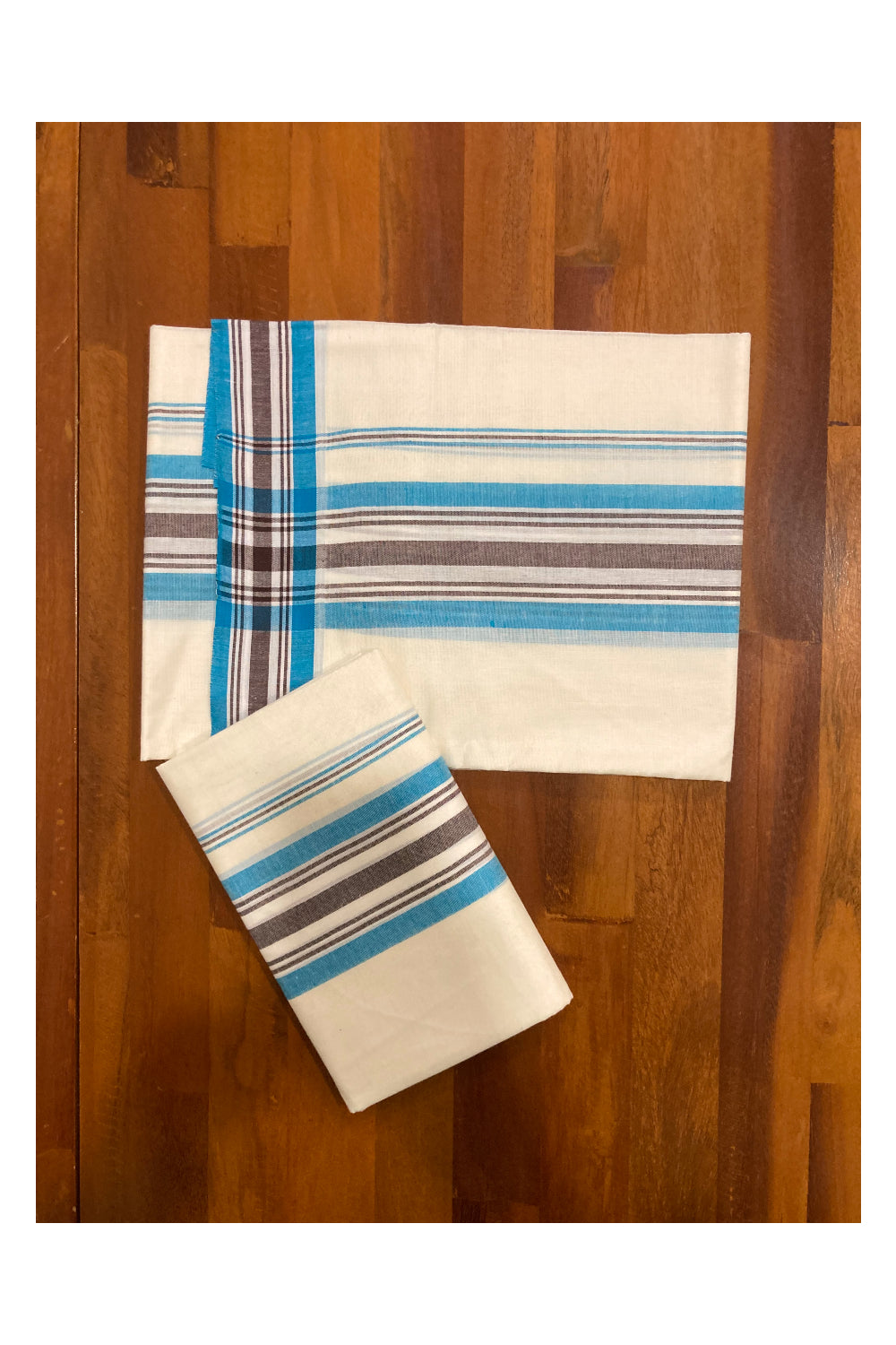 Kerala Cotton Mundum Neriyathum Single (Set Mundu) with Blue and Brown Mulloth Border (Extra Soft Cotton) 2.80 Mtrs