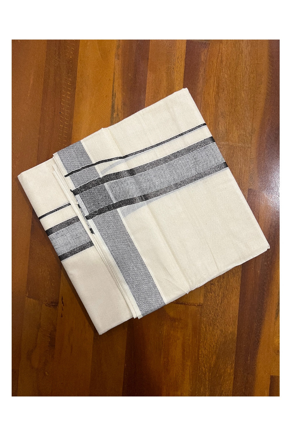 Pure Cotton Off White Double Mundu with Black and Silver Kasavu Border (South Indian Dhoti)