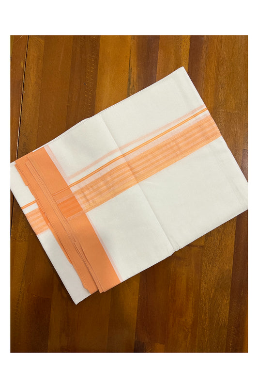 Pure White Kerala Cotton Double Mundu with Orange Border (South Indian Dhoti)