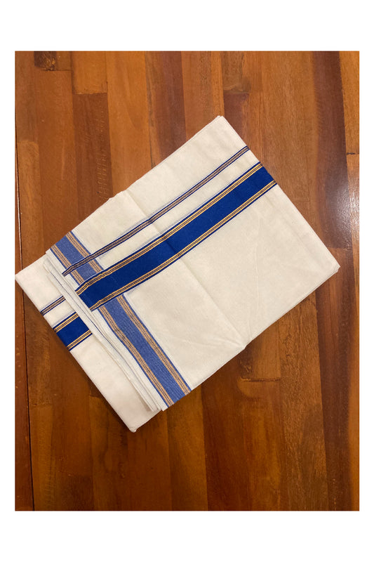 Off White Kerala Double Mundu with Kasavu and Dark Blue Border (South Indian Dhoti)