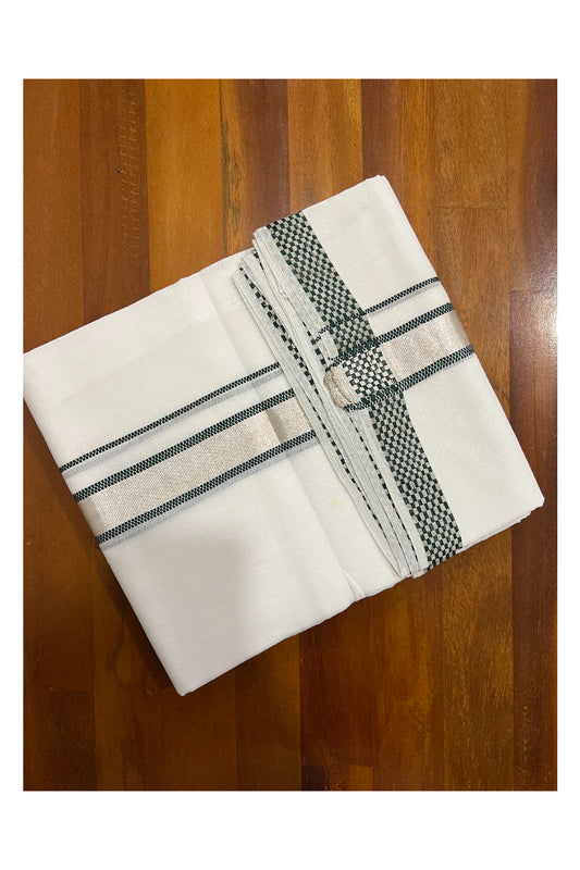 Southloom Balaramapuram Handloom Pure White Cotton Mundu with Silver Kasavu and Dark Green Woven Kara (South Indian Dhoti)