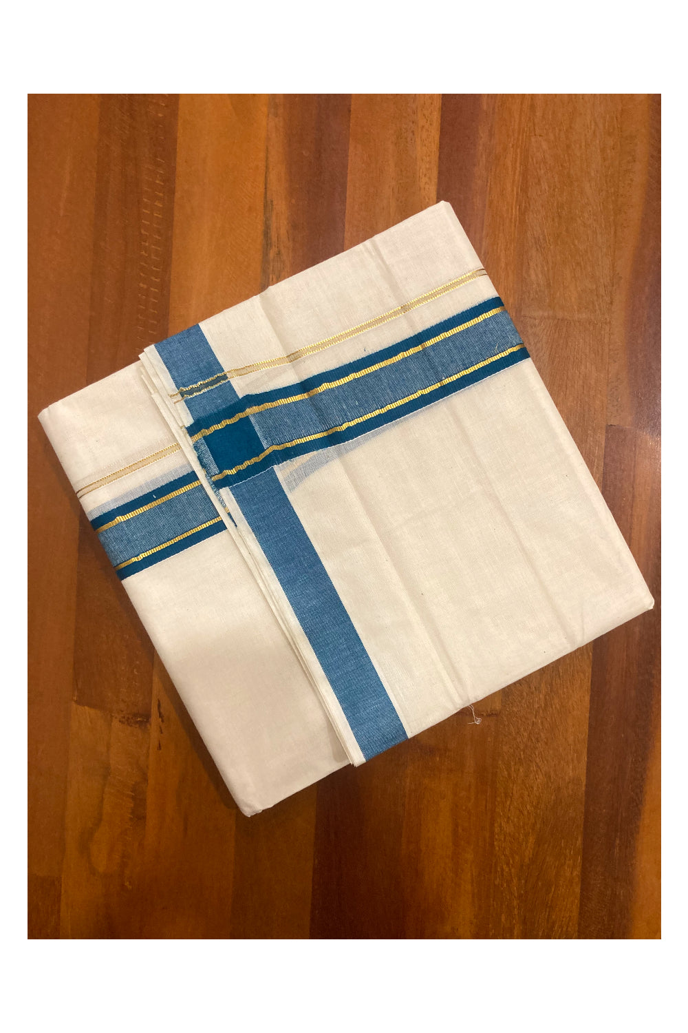 Off White Pure Cotton Double Mundu with Kasavu and Blue Border (South Indian Dhoti)