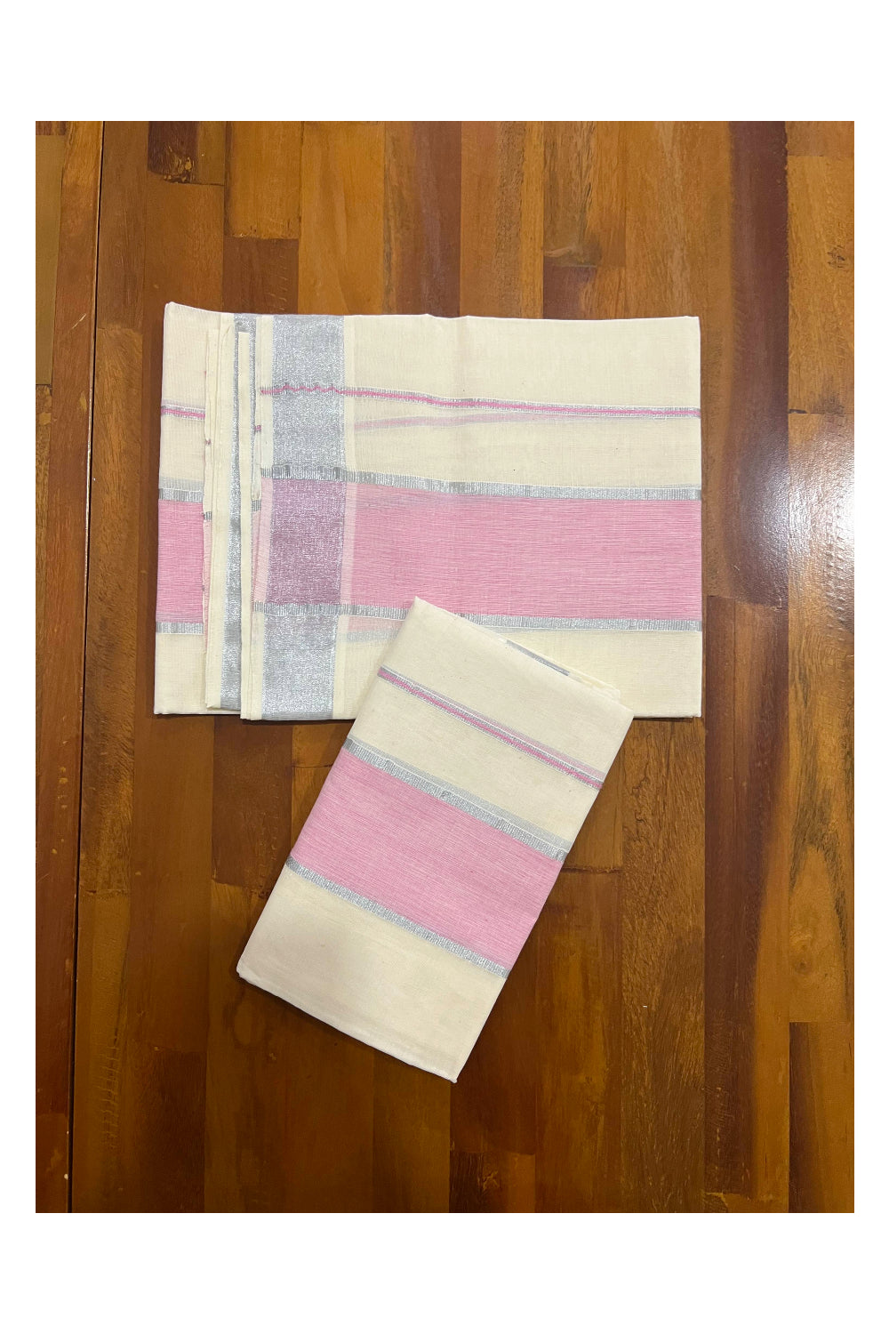 Kerala Cotton Set Mundu (Mundum Neriyathum) with Pink and Narrow Silver Kasavu Border