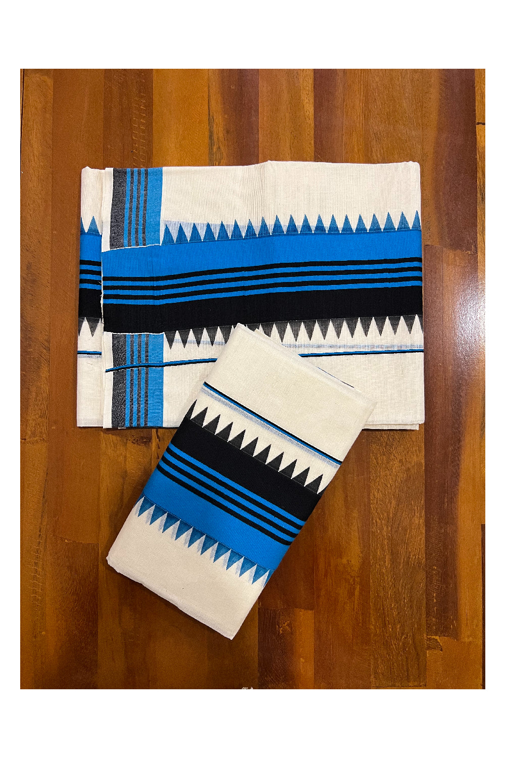 Pure Cotton Set Mundu (Mundum Neriyathum) with Blue and Black Temple Block Prints on Border