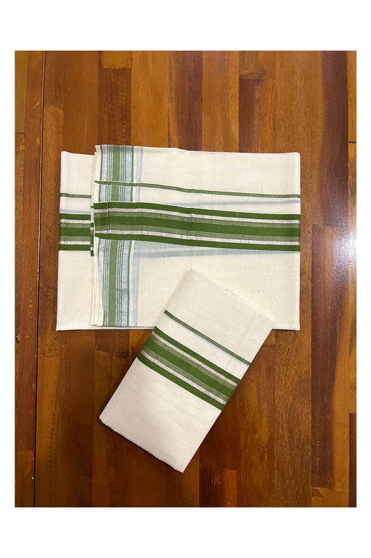 Kerala Cotton Mundum Neriyathum Single (Set Mundu) with Green and Silver Kasavu Border 2.80 Mtrs