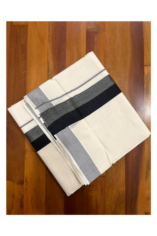 Pure Cotton Off White Double Mundu with Black and Silver Line Kara (South Indian Dhoti)