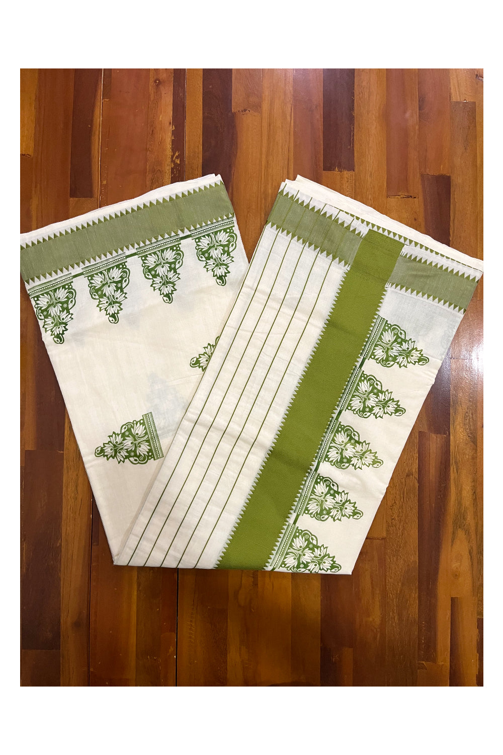 Pure Cotton Kerala Saree with Green Floral Block Printed Border