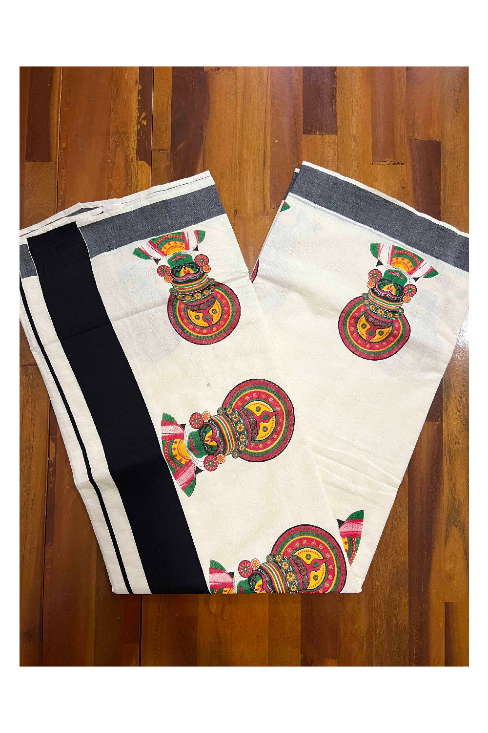 Kerala Pure Cotton Saree with Mural Printed Kathakali Face Design and Black Border