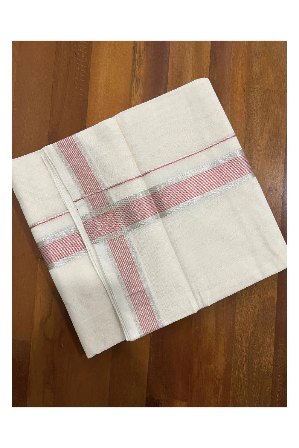 Southloom Kuthampully Pure Cotton Handloom Mundu with Silver and Red Kasavu Lines Border