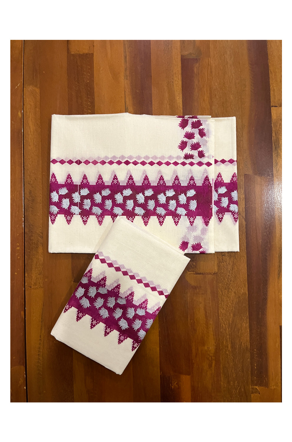 Kerala Cotton Single Set Mundu (Mundum Neriyathum) with Maroon Block Prints on Border