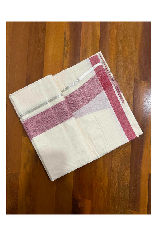 Off White Kerala Double Mundu with Silver Kasavu and Maroon Border (South Indian Dhoti)