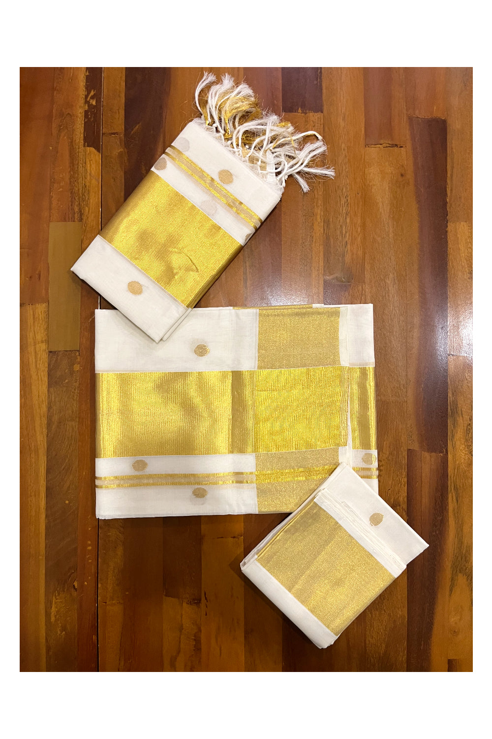 Southloom Handloom Premium Single Wedding Set Mundu (Mundum Neriyathum) with Golden Polka Dots Across Body and Kasavu Border Including Blouse Piece 2.80 Mtrs