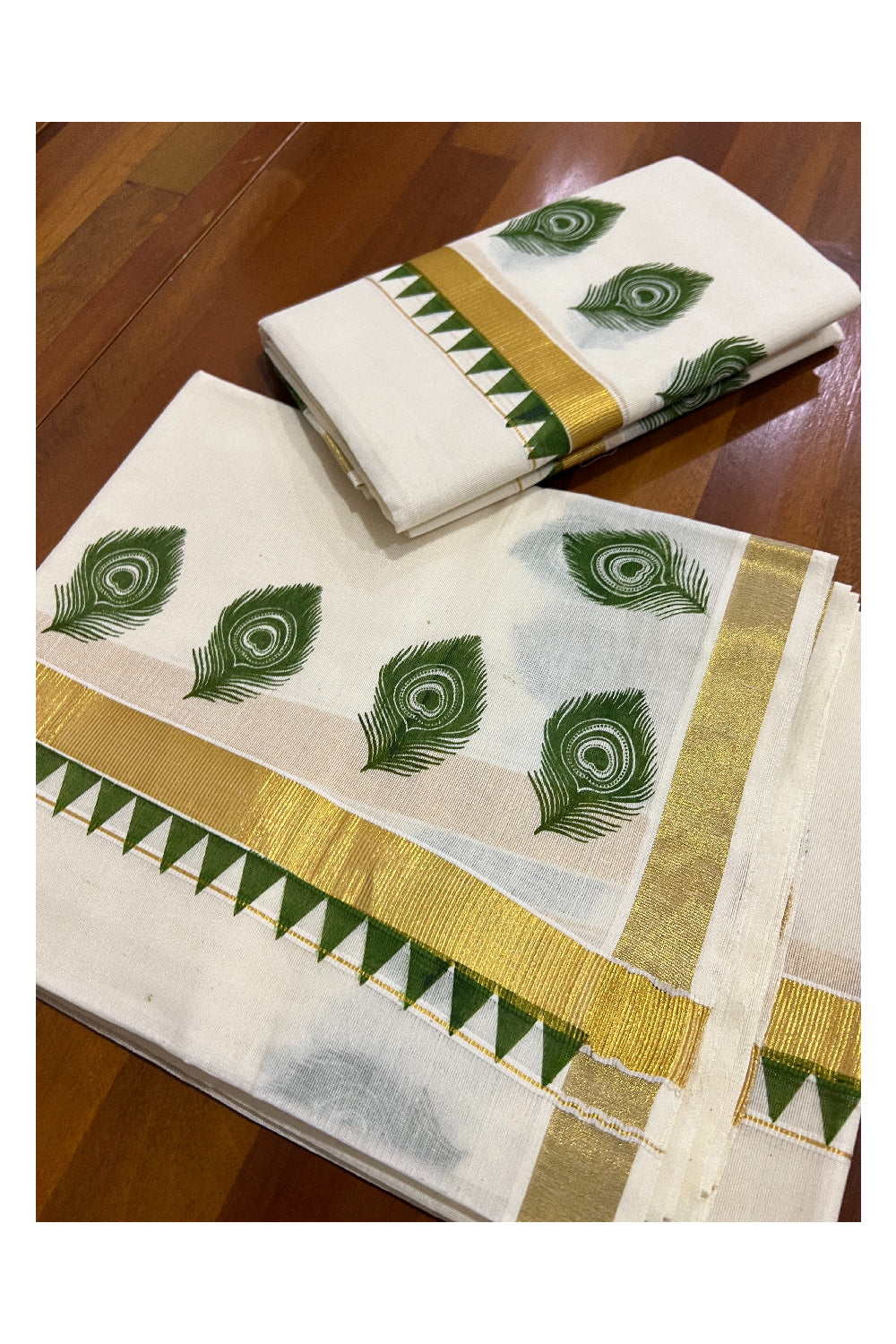 Cotton Kasavu Set Mundu (Mundum Neriyathum) with Green Block Feather Temple Prints on Border