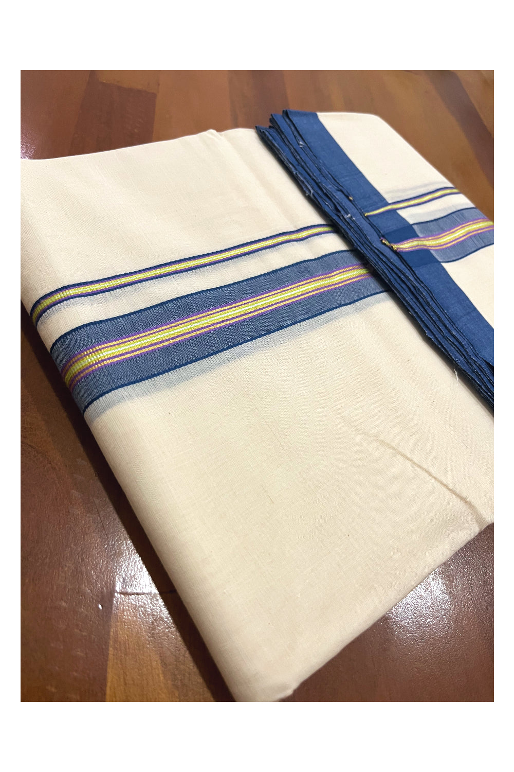 Southloom Premium Handloom Double Mundu with Blue and Kasavu Border